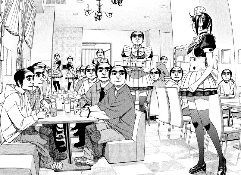 Suddenly, all the customers and maids inside the restaurant have the same faces.
