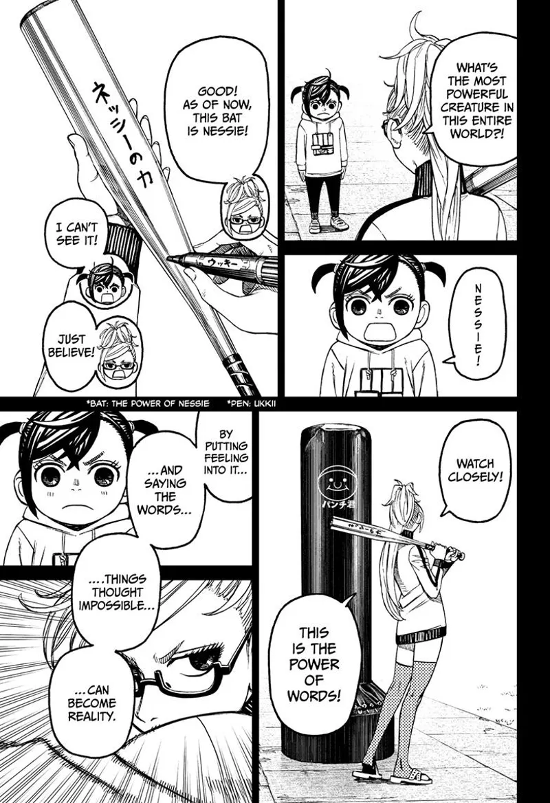 Grandma prepares to batter the sandbag with her baseball bat after Momo says Nessie is the most powerful.