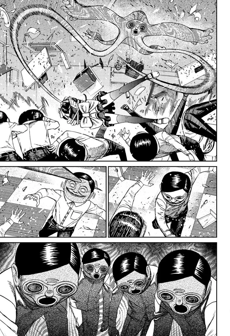 The dimensional enemy flung Momo through the room while transforming the Serpoians.