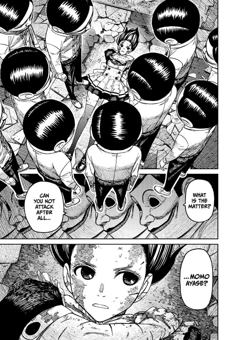 The Serpoians stand around Momo, who just looks at them.