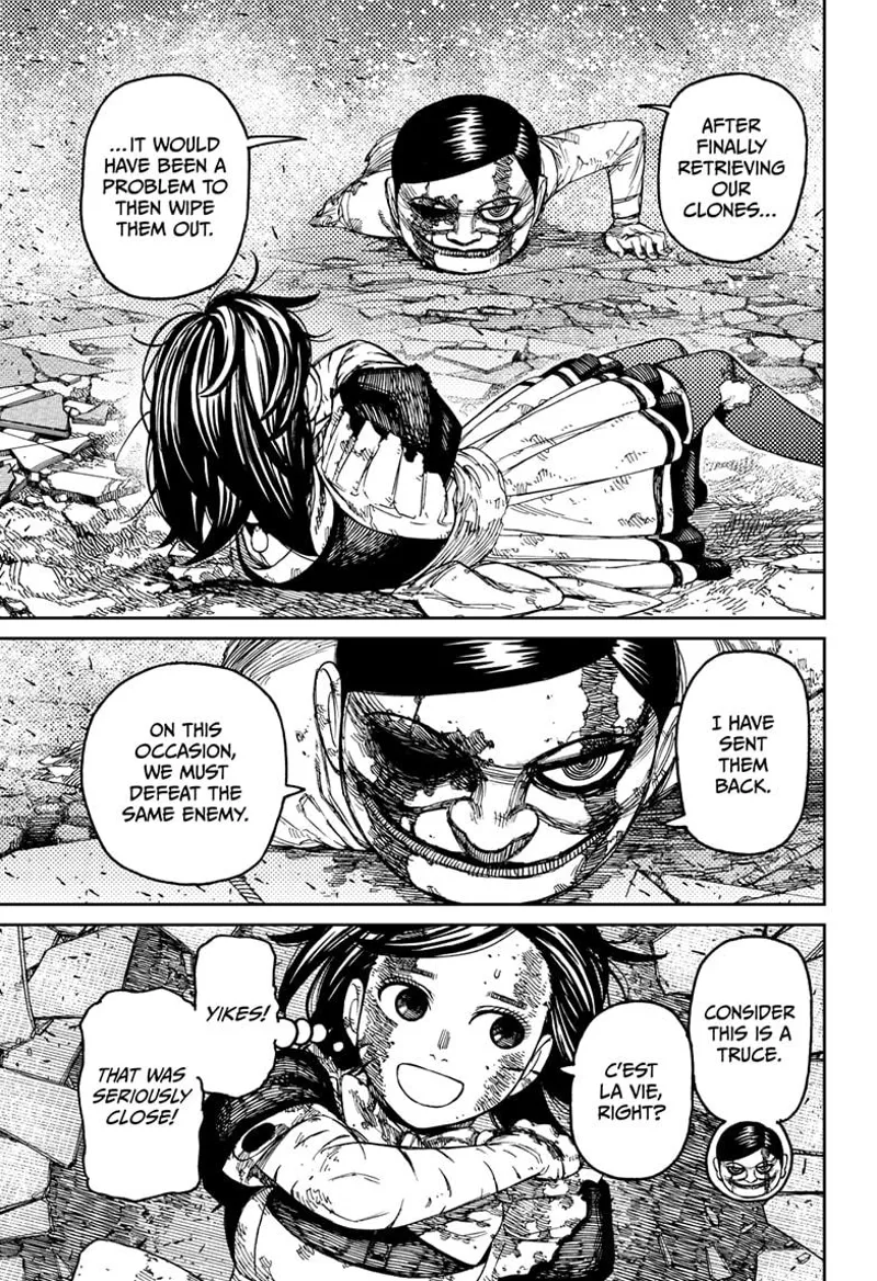The injured Seropian with a scarface tells Momo he sent back his clones and calls it a truce. Momo smiles.