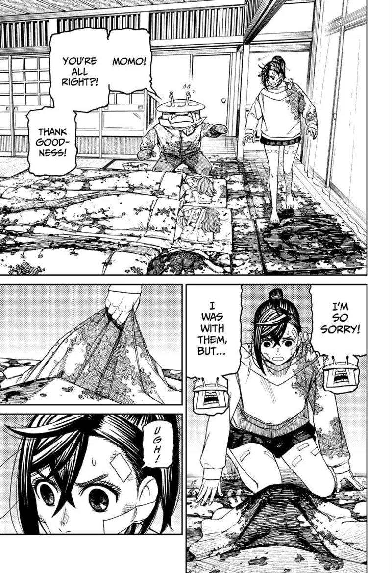 Momo walks barefoot across the bloody floor and picks up Okarun's bloody blanket.