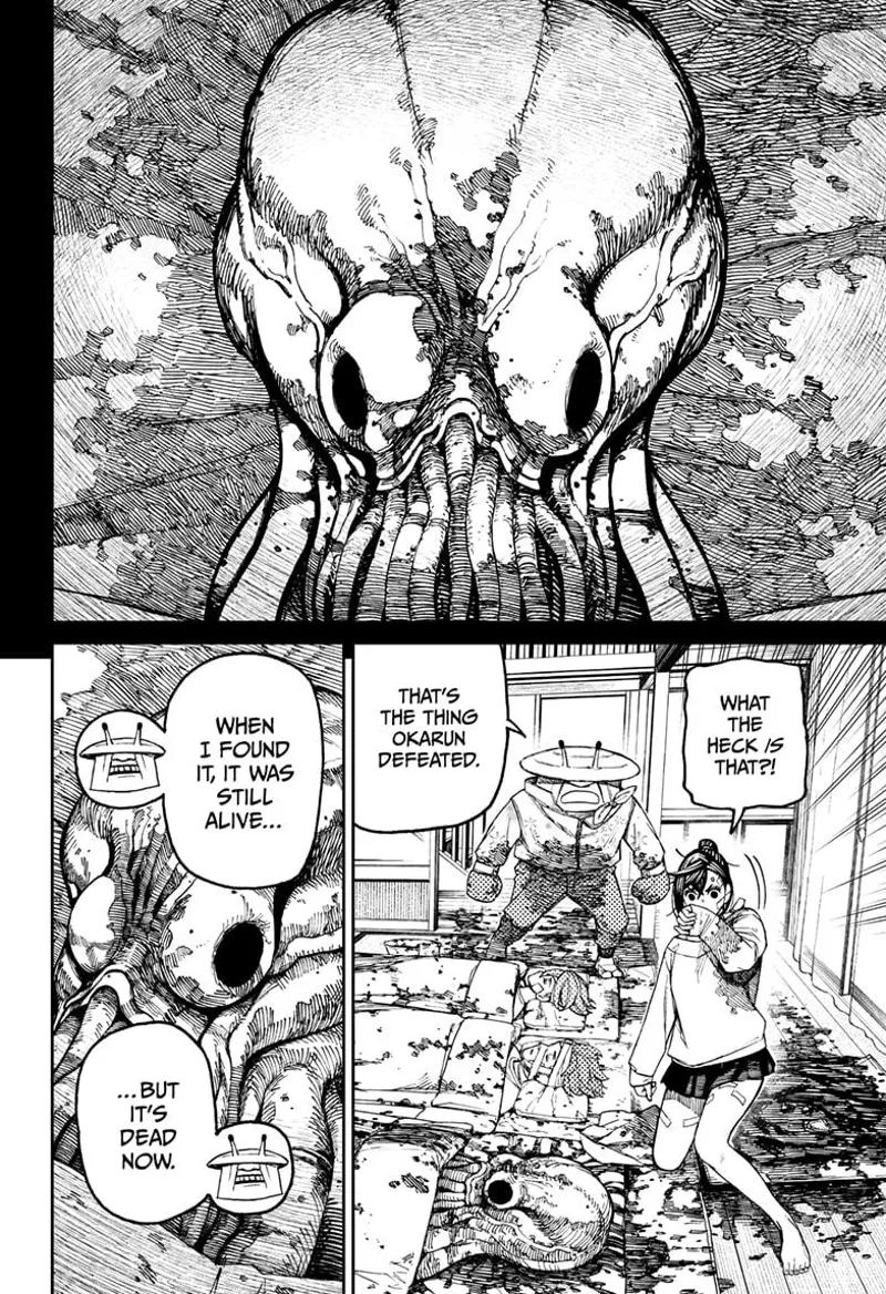 Momo is shocked to see an octopus-like alien behind the blanket that Okarun defeated.