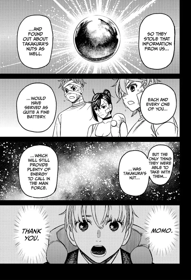 Aira, Momo, and Jiji are shocked to learn that the enemy will use Okarun's golden nut to transport their main forces.