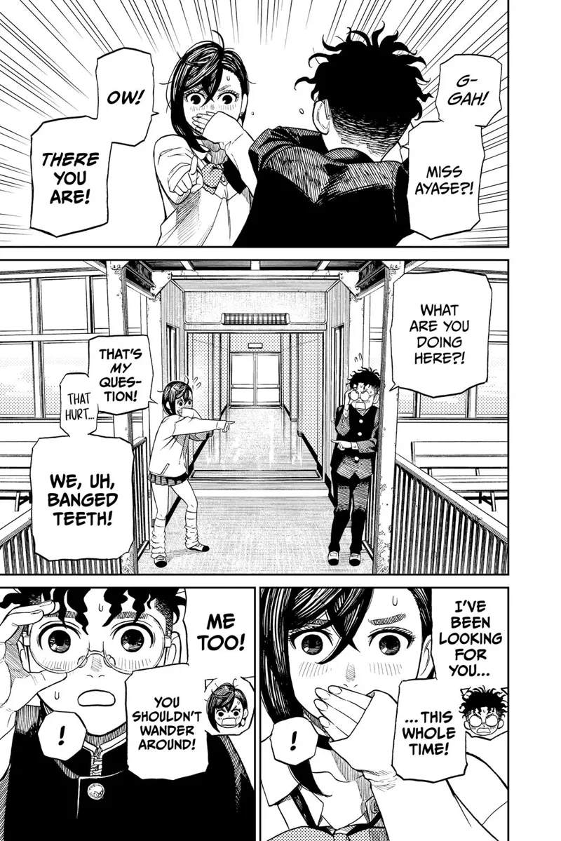 Okarun and Momo are shocked and quickly separated after their teeth banged each other.
