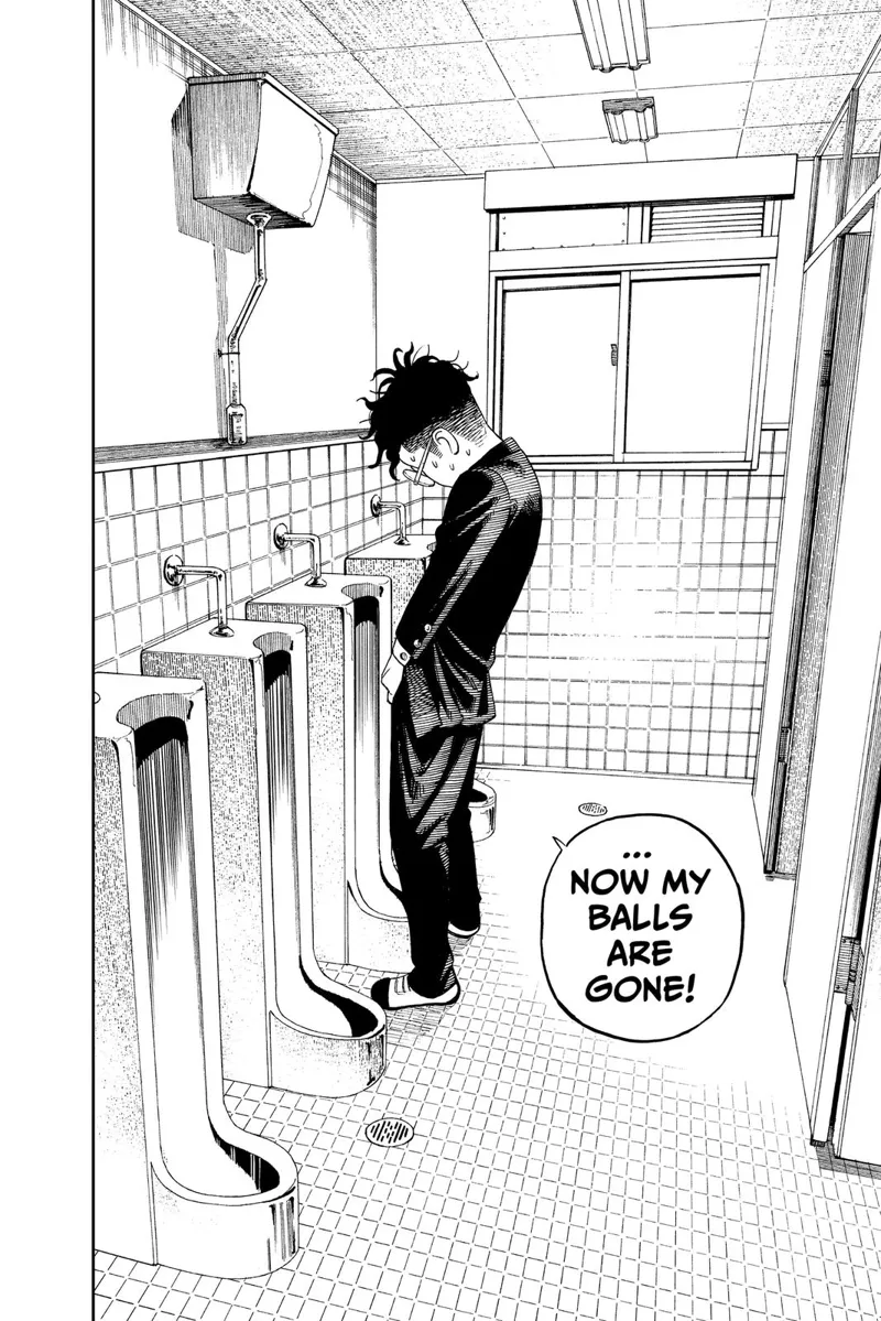 Okarun notice his balls are gone as he stands on the urinal.