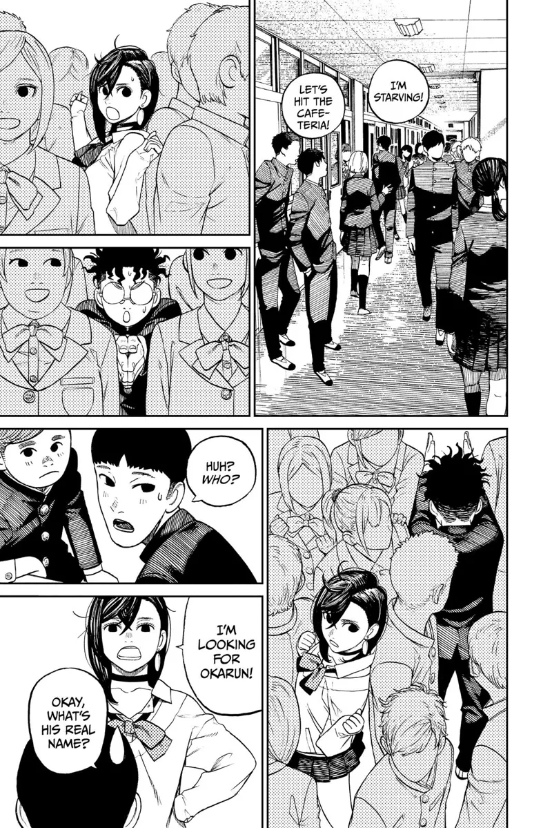 After the class, Momo and Okarun look for each other. Momo asks Okarun's classmate about his real name.