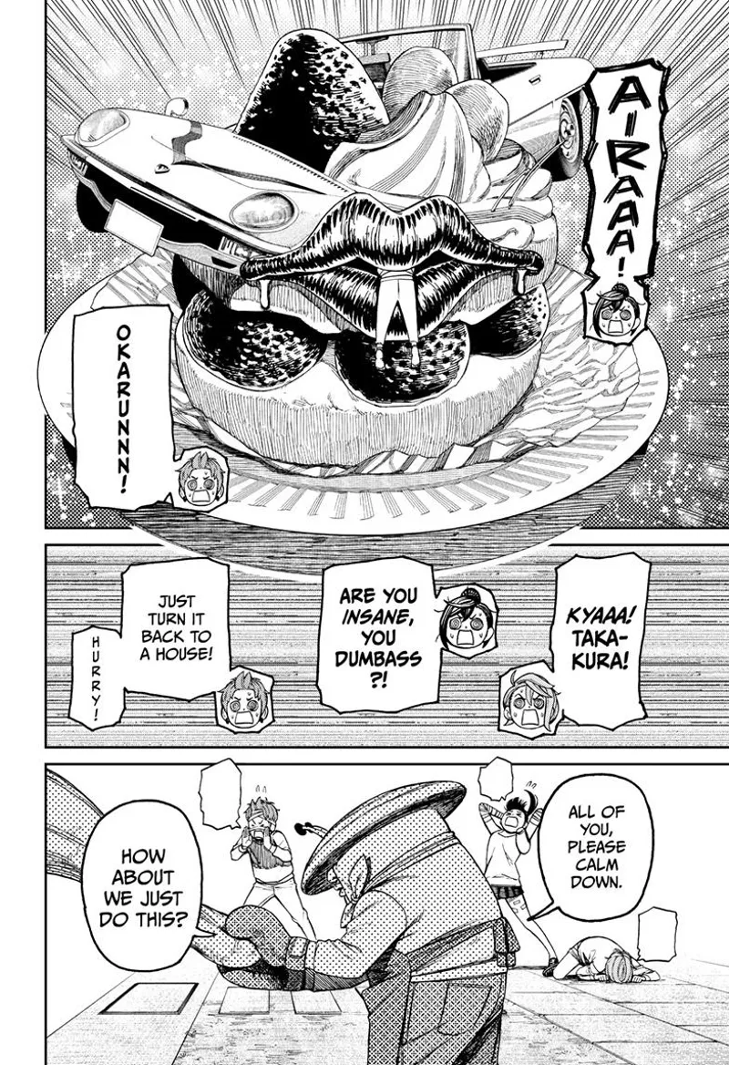 A huge ugly dessert appears with a car and a mouth where Okarun dangles. Mr. Shrimp tells them to keep calm.