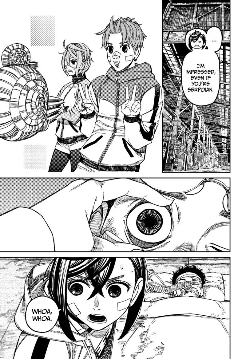 Momo is impressed at th Serpoian. Jiji makes fun of the combat simulator. Momo opens Okarun's eye.