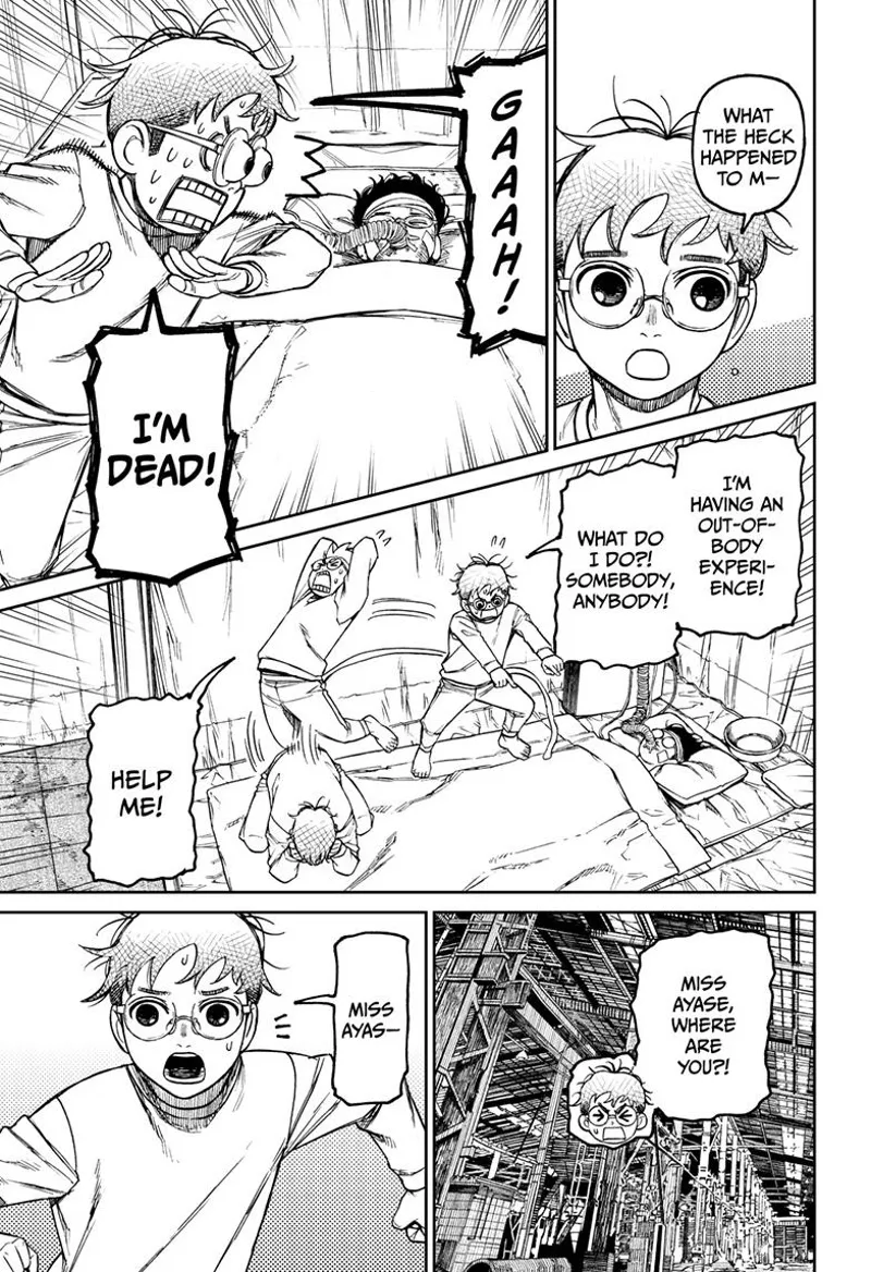Okarun sees his physical body unconscious with a tube in his mouth. He realizes he is having an out-of-body experience.