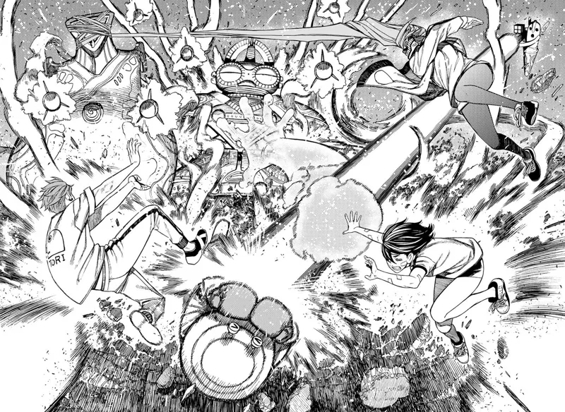 Cursed Aira, Momo, Mr. Shrimp, and Jiji defend against the aliens' barrage of attacks.