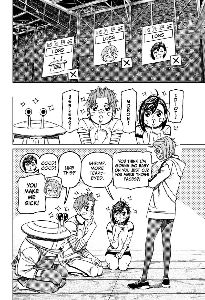 Momo, Jiji, and Mr. Shrimp are making teary eyes in front of Aira, who is scolding them after they lose.