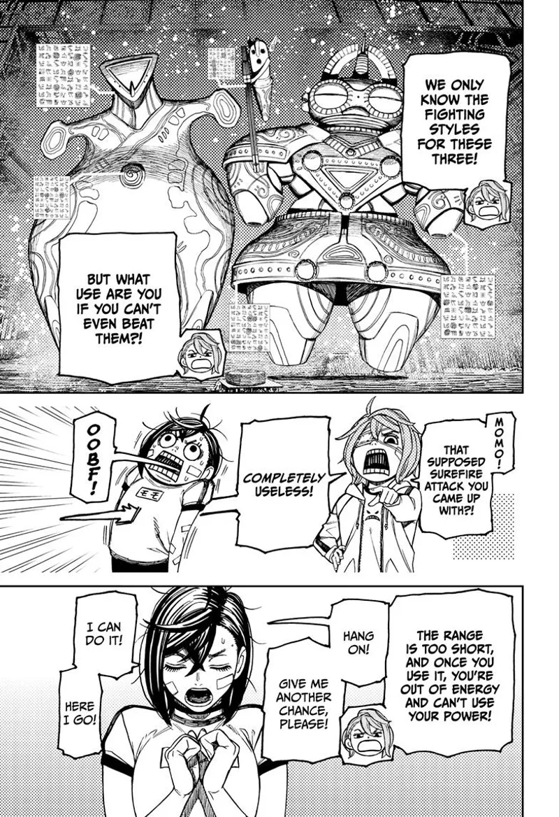 Aira points out the three giant aliens' abilities as well as Momo's attack, which depletes her energy.