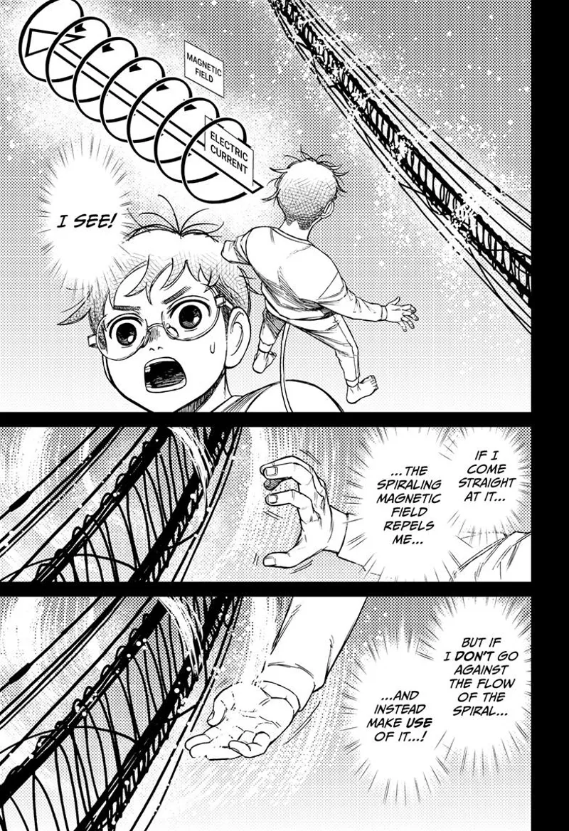 Okarun recalls the magnetic field around an electric current. He tries to go with the flow of it instead of opposing it.