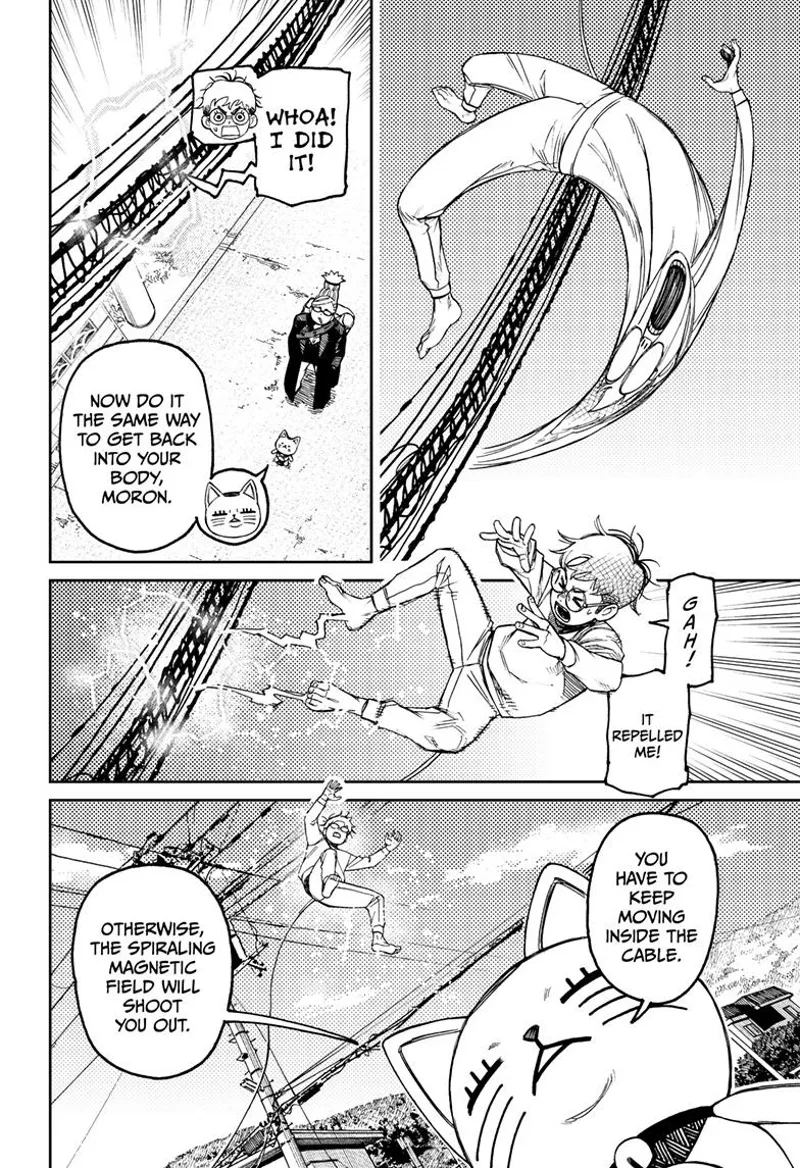 Okarun gets absorbed but is repelled after a few seconds because he stopped moving.