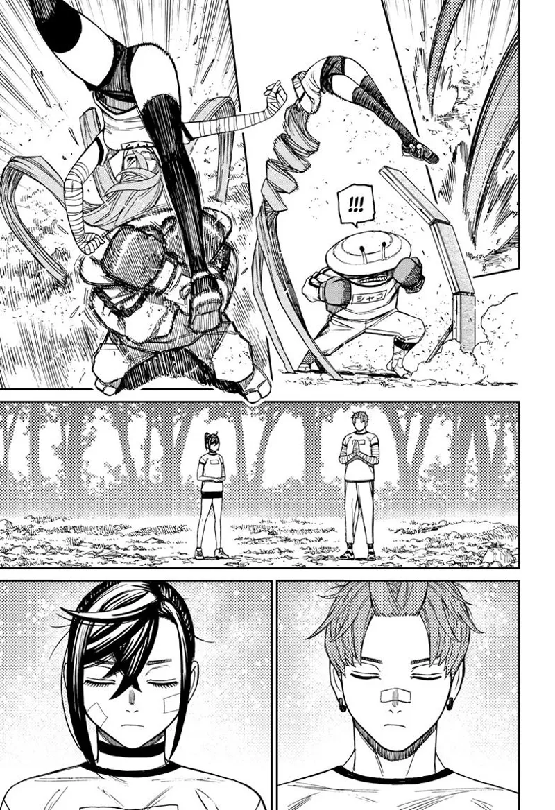 Aira flips using her hair and prepares to attack Mr. Shrimp from above. Meanwhile, Jiji and Momo are concentrating in the woods.