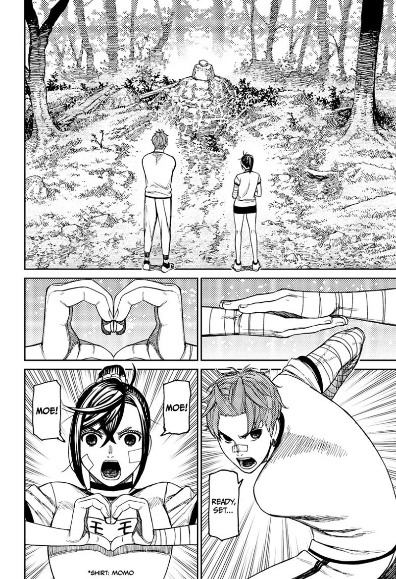 Momo and Jiji stand before a stone and prepare to attack it together.