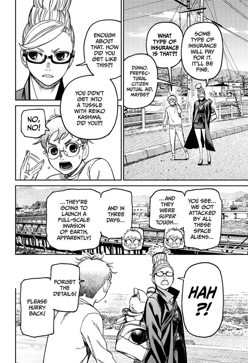 Okarun walks with Grandma and Turbo Granny. He reveals space aliens will invade Earth in three days.
