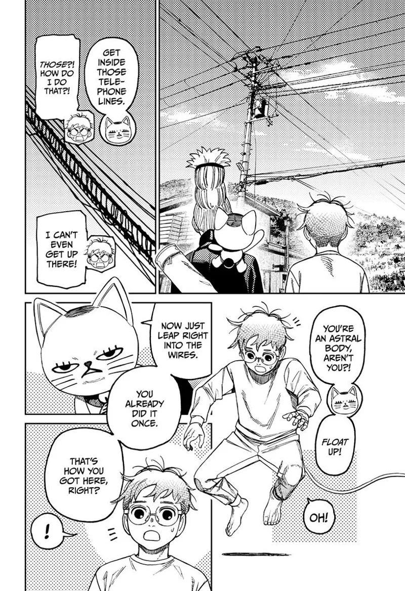 Turbo Granny points at the telephone wires and tells Okarun to go inside there just like before.