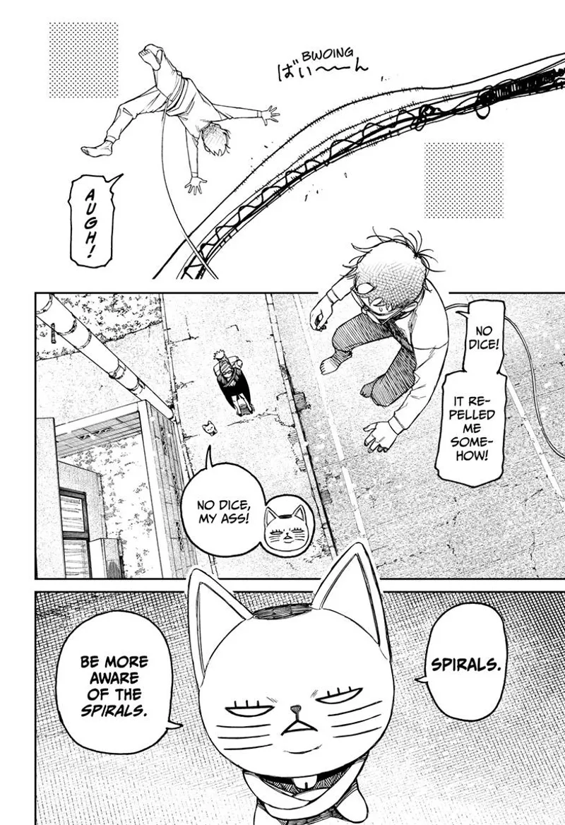 Okarun bounces after hitting the wires. Turbo Granny tells her to be more aware of the spirals.