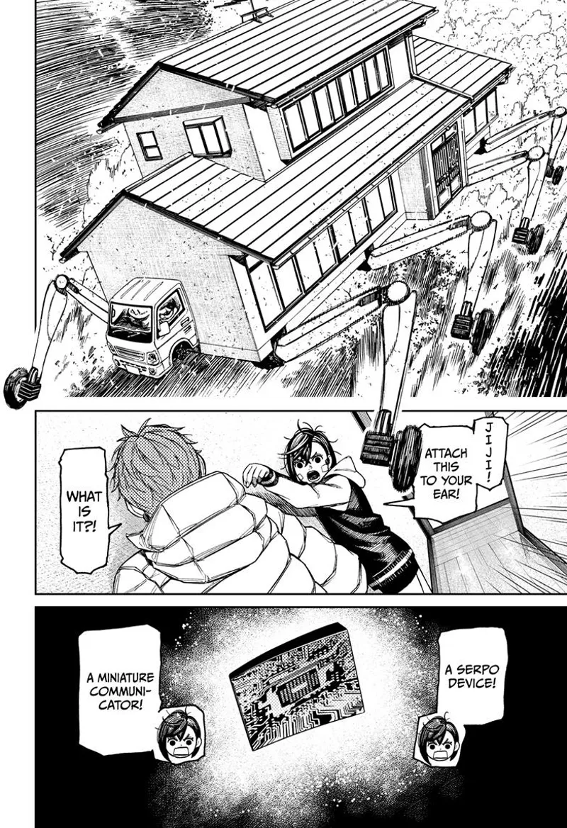 Momo gives a communicator to Jiji as the transformed house with wheels speeds up.