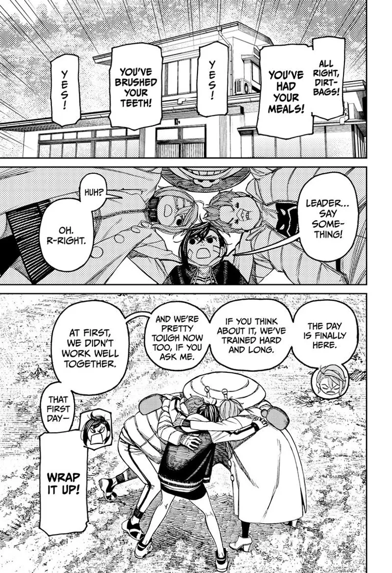 Momo, Jiji, Aira, and Mr. Shrimp huddle together as they prepare for the decisive battle.