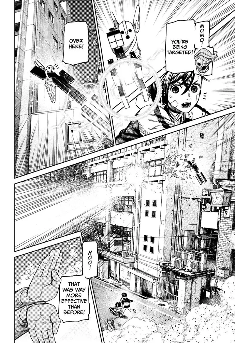 Cursed Aira tells Momo she's being targeted by the sniper. Jiji deflects its attack using "Haa Wave."
