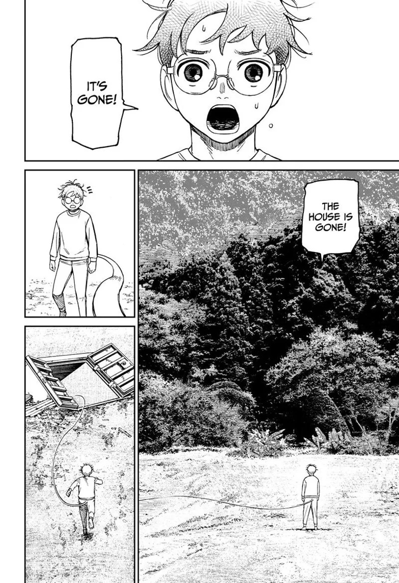 Okarun arrives at the site but finds the house missing. He sees his cord leading to the basement.