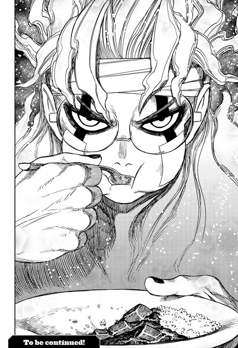 Okarun transforms into cursed Okarun while eating.