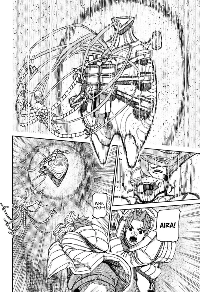 Cursed Aira coughs blood after the fat alien's attack. Jiji fires "Haa Wave".