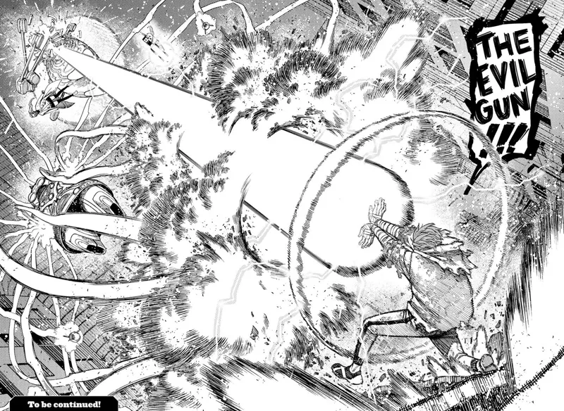 Jiji fires a powerful attack called "The Evil Gun," similar to Kamehameha, and hits the fat alien.