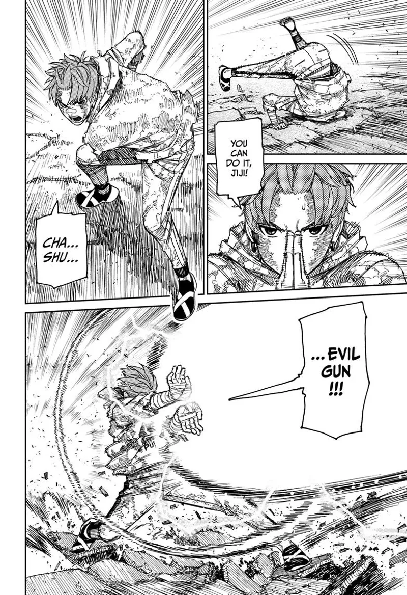 Jiji swiftly stands up and fires another "Evil Gun."