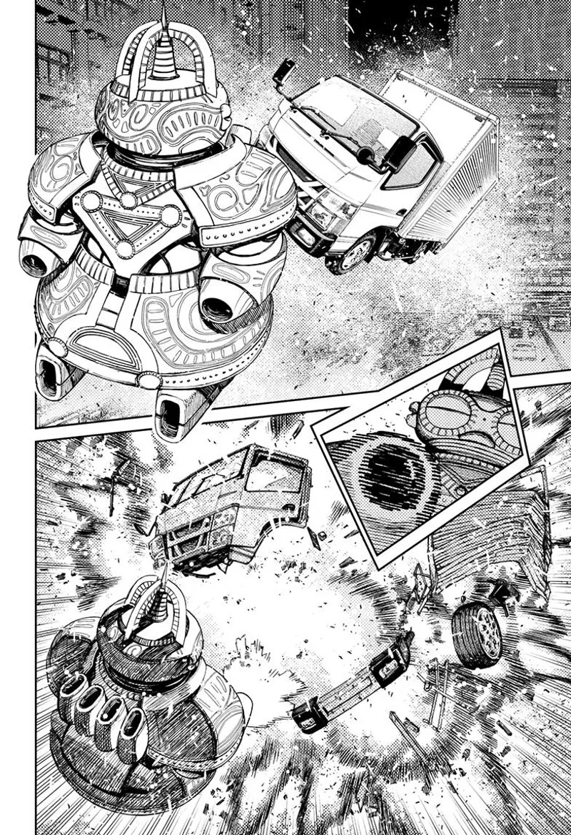 The fat alien sees a car flying towards him. He destroys it, and it explodes.