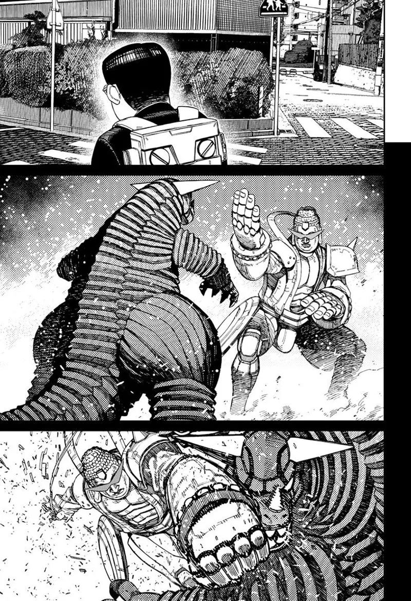 Kinta keeps walking and recalls his fight with the Kaiju against the robot he's piloting.