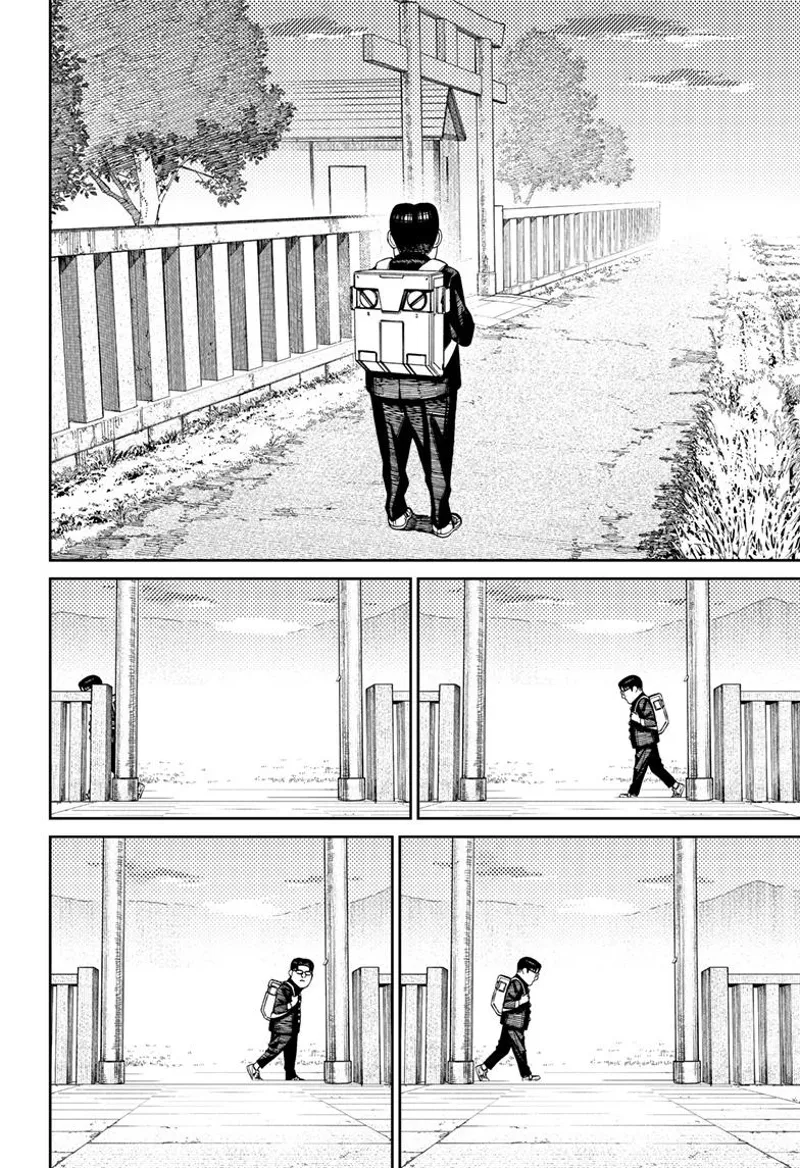 Kinta walks outside Grandma's house. He keeps passing by while glancing beyond the gate.