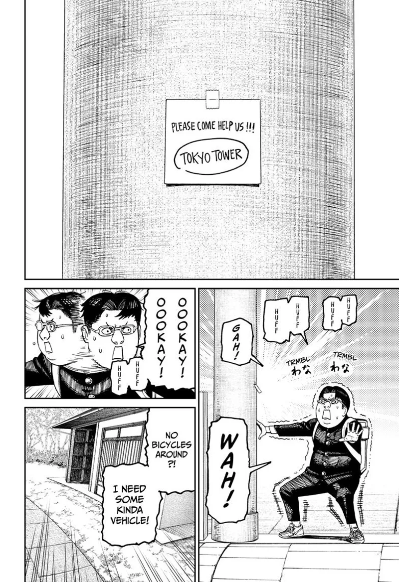Kinta sees a note saying, "Please come help us!!! Tokyo Tower." he panics and looks for a bicycle.