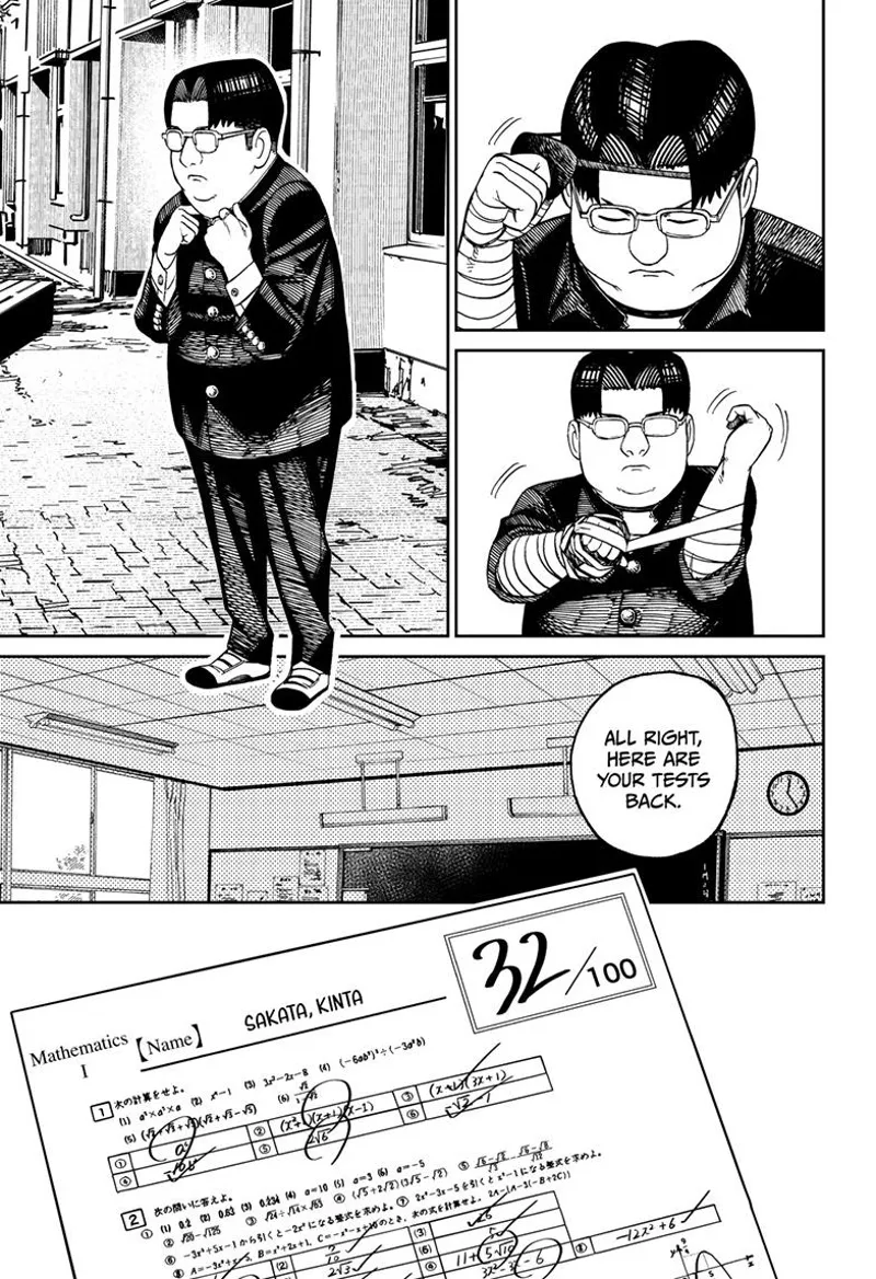 Kinta removes his eyepatch and bandage. He received a math score of 32/100.